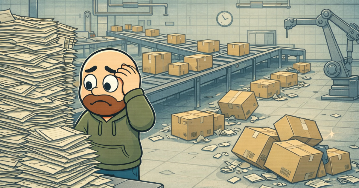 A cartoon-style illustration of a stressed worker standing beside a huge stack of papers in a production area. Boxes have fallen off a conveyor belt, loose papers cover the floor, and a robotic arm sits idle in the background. The worker holds his head with one hand, looking overwhelmed as a wall clock and overhead lights frame the chaotic scene.