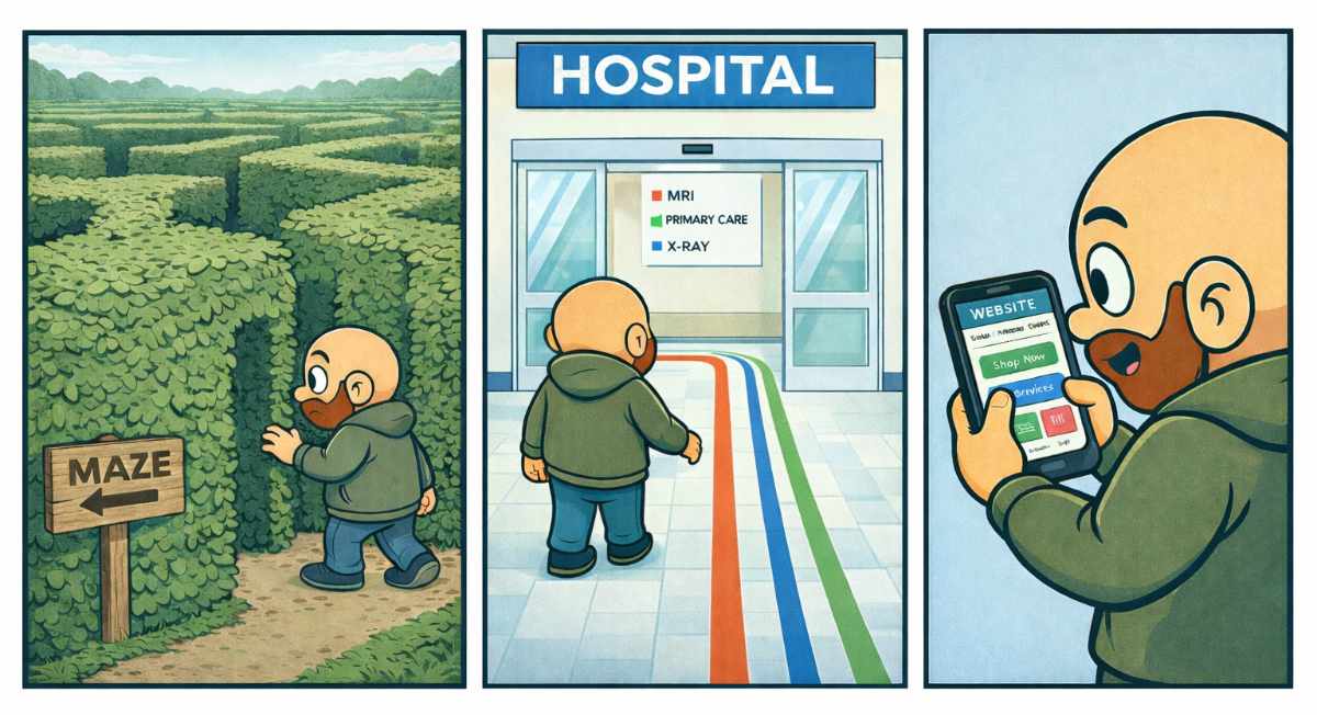 A three‑frame comic strip showing a man entering a hedge maze, then walking into a hospital with clear signs for MRI, Primary Care, and X‑Ray, and finally happily navigating a mobile website.