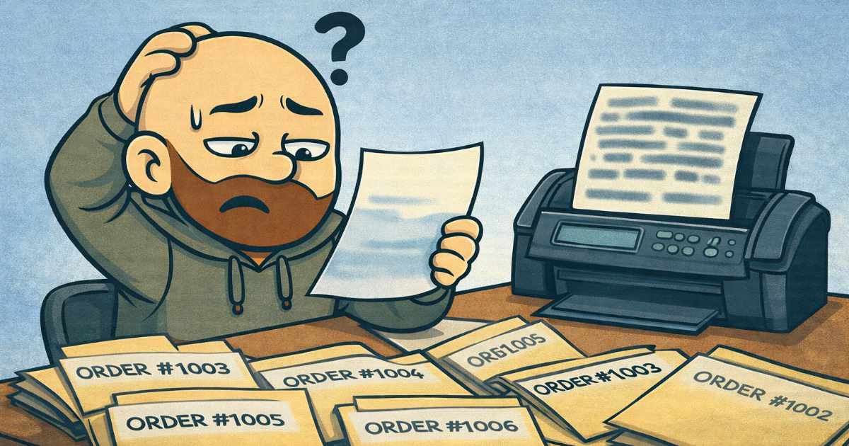 A man sits at a cluttered desk, looking confused as he holds a fax. The desk is covered with printed order pages, and a fax machine is actively spitting out more. He’s overwhelmed by a growing stack of paperwork and diffuclty reading the faxes.