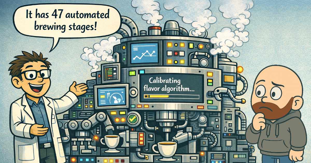 A proud engineer standing next to an absurdly complicated coffee machine with screens, tubes, and robotic arms.