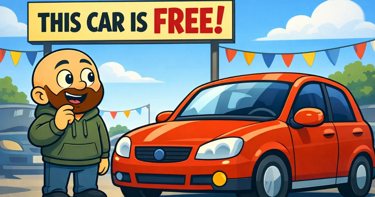 A cartoon man looking at a red car under a large sign reading “This Car Is Free!”, illustrating the tempting promise of free website builders.