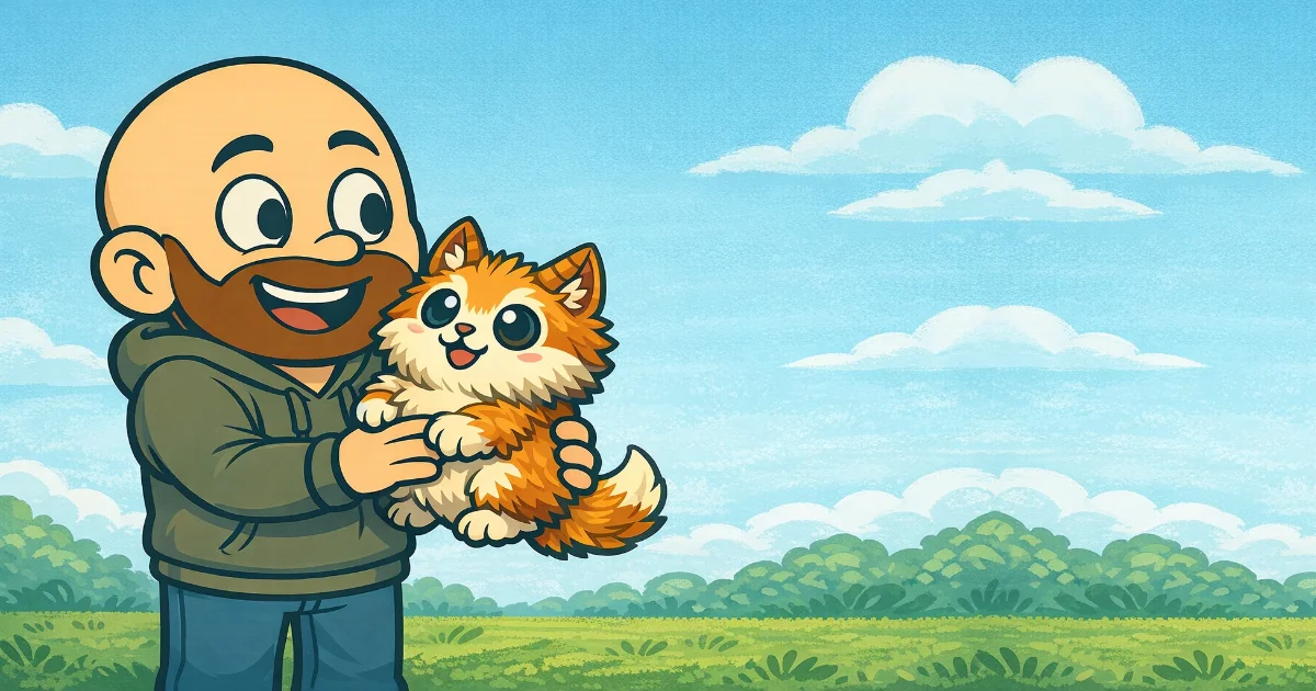 Cartoon man in a green hoodie smiling while holding a cute, fluffy creature outdoors.