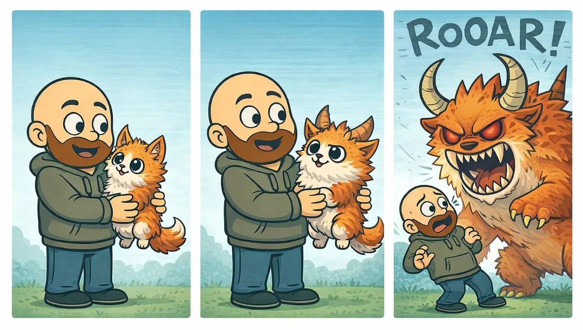 Three‑panel comic of a man holding a small creature that grows larger and turns into a monster.