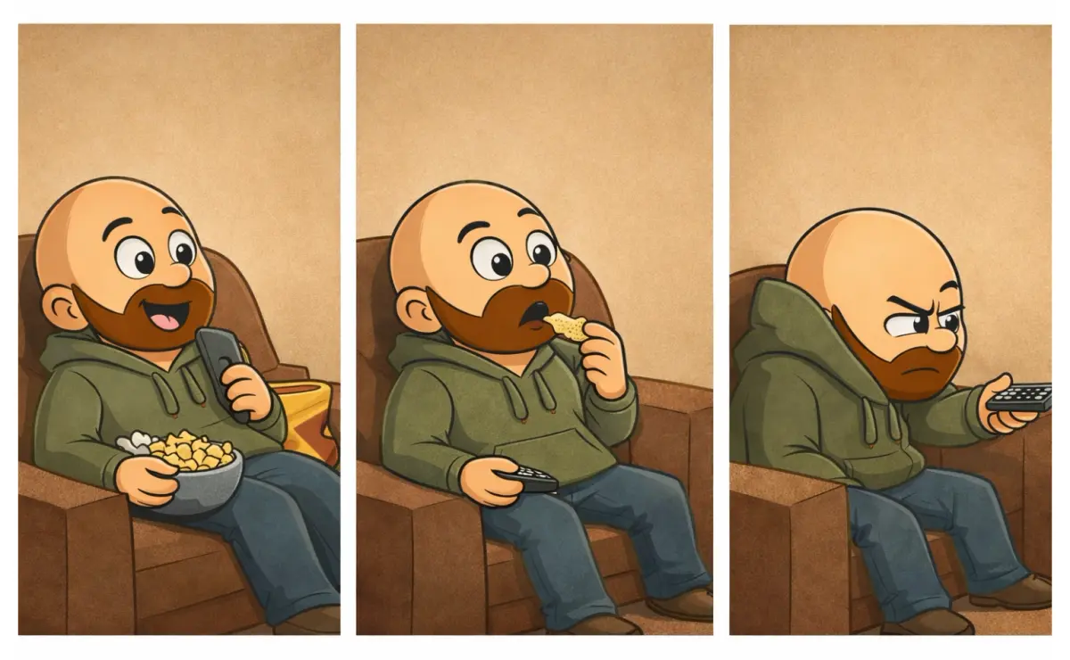 Three‑panel cartoon of a man watching TV: first enjoying snacks, then surprised, then frustrated as the show takes an unexpected turn.