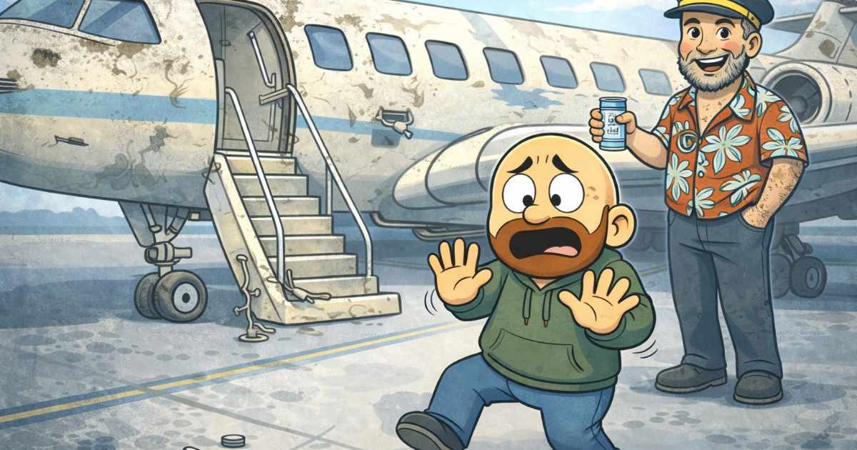A man hesitating at the steps of a poorly maintained airplane with loose bolts and a nervous pilot.