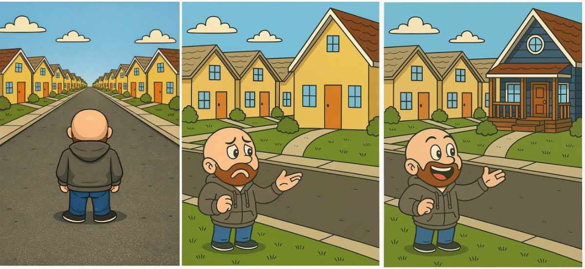 A three panel comic showing a man looking down a street of identical houses, feeling frustrated, then discovering one house that is unique and different.