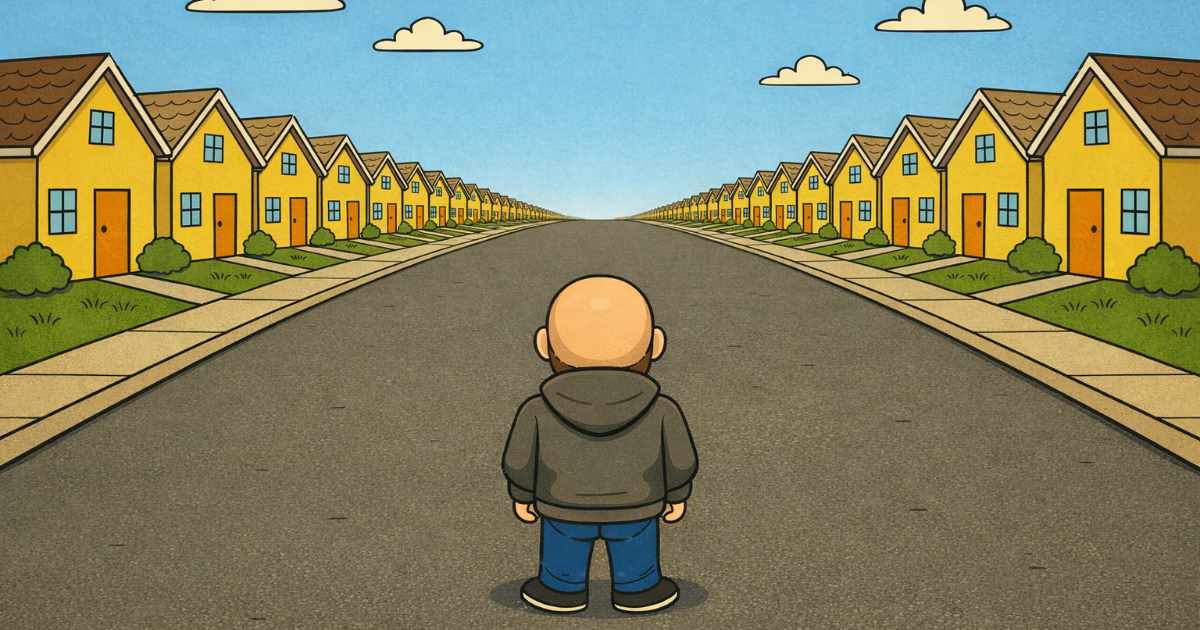 A cartoon man standing in a suburban neighborhood where every house looks identical.